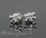 7mm Skull Crossbones Hypo-allergenic Silicone Silver Enamel Earrings Studs