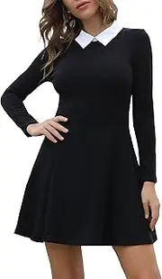 [Aphratti] Women's Long Sleeve Casual Peter Pan Collar Fit and Flare Skater Dress