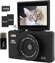 Digital Camera for Photography, 4K Vlogging Camera for YouTube 3" 180° 64MP Flip Screen 18X Digital Zoom Compact Retro Camera 64GB TF Card & 2 Batteries, USB (Black)