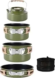 Camping Cookware Outdoor 4Pcs, Backpacking Cooking Set Pots, 1.1L Kettle, 3L Large Pot, 2L Small Pot, 1.5L Frying Pan, Storage Bag, Nesting Storage, Non-Stick Pan, for Camping and Barbecue