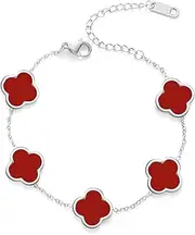 [SIDHGN] Silver Four Leaf Clover Bracelet for Women Lucky Link Clover Bracelets,18K Gold Plated Jewelry Christmas Valentine's Day (Red), mediate, 6.4 inches