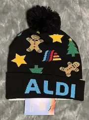 Aldi Gear 2024 Beanie Stocking Cap Black -Stars-Gingerbread-Trees-One Sz *NWT*