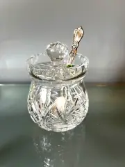 Kusak Art Cut Crystal Honey/Jam Jar with Spoon Signed