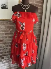 New! White House Black Market Red Floral Strapless Teired Ruffle Chiffon Dress 8