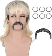 AMZCOS 70s 80s Rocker Mullet Wig Set for Men | Dark Roots Short Blonde Wavy Wigs for Mens Halloween Cosplay Party with 6 Earrings and Mustache
