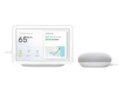 Google Nest Hub in Chalk with Google Home Mini in Chalk