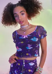 [Dolls Kill x Care Bears] Cloud Covers Mesh Puff Sleeve Crop Top