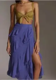 NWT Anthropologie size 2 ruffle slit midi skirt in blue zip close lined