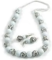 [Avalaya] Chunky Wood Bead Cord Necklace and Earring Set with Animal Print in White/ 76cm L, One Size, wood, cords, No Gemstone