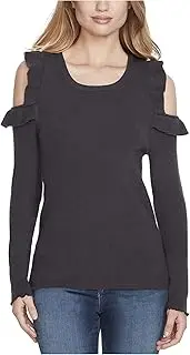 [Jessica Simpson] Women's Juniors' Ruffled Cold-Shoulder Women Clothing Sweater Dark Gray XS