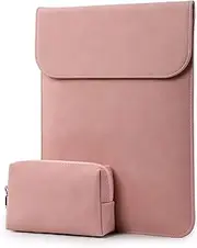 HYZUO 15-16 Inch Laptop Sleeve Compatible with MacBook Pro 16 M3/M2/M1 Pro/Max A2991 A2780 A2485 A2141 2024-2019, MacBook Pro 15 2012-2015, XPS 15, Faux Suede Leather Case with Pouch, Pink