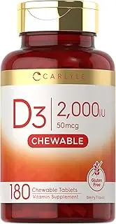Chewable Vitamin D3 2000 IU (50mcg) Tablets | 180 Count | Natural Berry Flavor | Vegetarian, Non-GMO and Gluten Free | by Carlyle