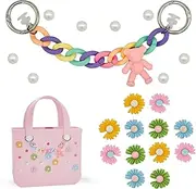 [Tagbilang] 12Pcs Flower Charm & Rainbow Bear Chain Accessory for Bogg Bags and Simply Southern Totes, Decorative Accessories to Customize Your Beach Tote Bag, Plastic, No Gemstone