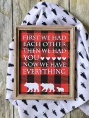 Boy Woodland Bear Nursery Print, Boy Buffalo Plaid Baby Room Decor 8x10 Unframed