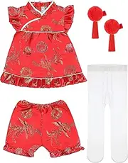 [Geyoga] Baby Qipao Girls Chinese New Year Sleeveless Dress with Chinese Style Tassel Hair Clips and Velvet Baby Stockings
