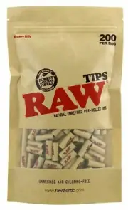 RAW PRE ROLLED TIPS NATURAL UNREFINED PRE ROLLED TIPS BAG OF 200 RAW TIPS