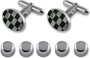 [Select Gifts] Sterling silver mother of pearl & onyx oval Cufflinks Shirt Dress Studs Gift Set