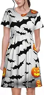 [EdWal] Halloween Flying Bats Print Womens Sundress Summer Floral Short Sleeve Wrap Round Neck A-Line Midi Dress Summer