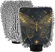 XYMZR Butterfly Moon Stars Gold Absorbent Microfiber Car Wash Mitt, Funny Cute Anime Scratch Free for Cars Cleaning, Home Cleaning Mitts, 2 Pack, 10.24” L x 7.09” W
