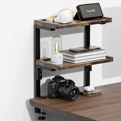 clamp on Desk Shelf, 2 Tier Office Desk Shelves Organizer, Wood Desktop Supplies
