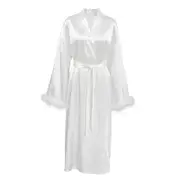 Nevenka Womens Satin Kimono Robe Feather Trim Sleeve Cuffs for Bride Wedding