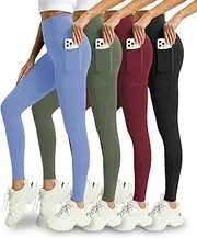 [Mlenhor] 4 Pack Leggings with Pockets for Women - Soft High Waisted Tummy Control Workout Yoga Pants, 4 Pack-light Blue/Green/Burgundy/Black, 5X-Large