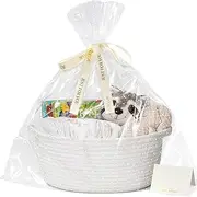 CHICVITA Small Basket for Gifts, Easter Basket White Empty Gift Baskets with Bags & Ribbons Durable Rope Storage Baskets for Kids, 12"x 8"x 5"
