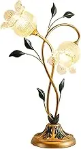 Glass Flower Table Lamp Vintage 2-Light Bedside Desk Lamp w/Green Leaf and Glass Lampshade Retro Decorative Floral Nightstand Lamp for Bedroom Living Room Indoor
