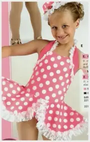 Hot Pink Dotted Dance Costume Girls 2C Tot attached backskirt lace trimmed w/HAT