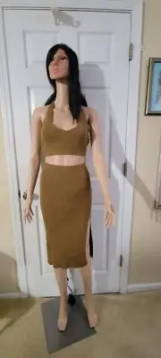 Women Shiny Metallic Outfit Crop Top and High Waist Bodycon Slit Midi Skirt Set