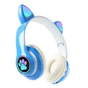 Gaming Headset Wireless Headset 5.0 Bluetooth Wireless Headphones Cute Cat Ears LED Breathing Light Headphones -Sky blue