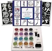 INGALA Premium Glitter Temporary Tattoos Kit for Kids, 74 Unique Stencils, 2 XL Glitter Tattoo Glue, 5-10 Year Old Gifts