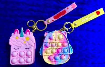 2 Piece Gift Set (B)push pop bubble sensory fidget toy purses unicorn + owl 3.5”