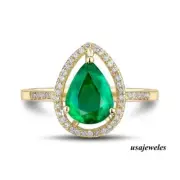 2.25CT Pear Shape Real Emerald Wedding Halo Jewelry Ring 14K Yellow Gold Finish