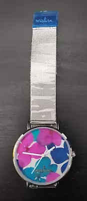 Mistura Manta Floral Watch, Blai Flowers with Mesh Silver Stainless Steel Strap