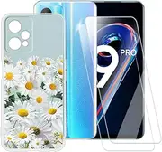 ESACMOT Daisy Flowers Pattern Case Compatible with Oppo Realme 9 Pro + [2 Pack] Screen Protector Tempered Glass, Shockproof Case Cover for Oppo Realme V25 (6.6 inch)