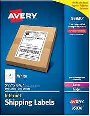 Avery Half Sheet Printable Shipping Labels, 5.5" x 8.5", White, 500 Blank Mailing Labels, Great for Packages, Product Labels, Organization, and More (95930)