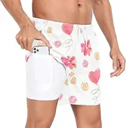 [GuoChe] Mens Swim Trunks Mens Lined Workout Running Shorts Valentine's Day Pink Hearts Watercolor Balloons with Compression, Valentine's Day Pink Hearts Watercolor Balloons, Large