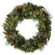 32inch PreLit LED Mixed Greenery Battery Operated Artificial Wreath with Pine Co