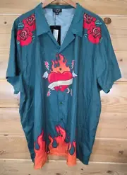 Boohoo Man Button Down Shirt Men 5XL Flaming Heart Roses Ed Hardy Like READ
