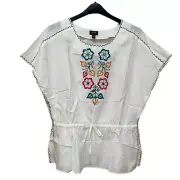 NICOLE Miller Embroidered Floral Peasant Blouse Top Sz Large White Silk/Cotton