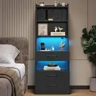 Tall Nightstand, Large Black Night Stand with Bookshelf,Modern LED Bedside Table