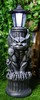Gothic Crouching Winged Gargoyle Statue With Solar LED Lantern Light Post 20"H