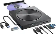 External CD DVD Drive, USB 3.0 and Type-C CD/DVD Drive Player with SD/TF Card Reader, 2*USB-C, 2*USB-A Ports, DVD/CD ROM Burner Reader Writer for Laptop/Desktops/MacBook/iMac/macOS/Win 11/10/7/8.1/XP