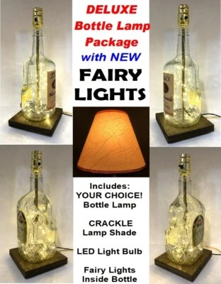 YOUR CHOICE Liquor Bar Bottle Table LAMP w CRACKLE Shade FAIRY LIGHTS & LED Bulb