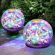 Solar Garden Lights, 2 Pack 80 LED Colored Cracked Glass Solar Lights Outdoor Decorative, Upgraded Waterproof Multicolor Ball Lights for Yard Pathway Patio Christmas Outside Decor, 4.73"