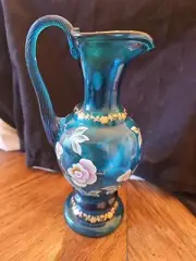 Fenton New Century XXl Art Glass Floral Blue Pitcher Vase Next Millennium Signed