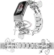 REALSIGN Stylish Metal Wristband Compatible with Fitbit Charge 6/Charge 5 Bands for Women,Cute Strap with Unique Love Cross Pendants Chain Charms Bracelet for Charge 5 6 Fitness Tracker