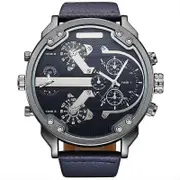 Oulm Men's Casual Sports Watches Unique Design Big Watch Male Leather Strap Quartz Clock Double Time Zone Men Luxury Wristwatch 3548 dark blue