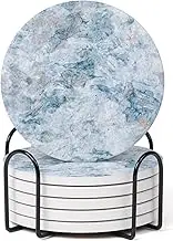 Hoomey Set of 6 Light Blue Abstract Onyx Marble Coasters with Holder, Absorbent Ceramic Coasters for Drinks, Coasters with Cork Backing for Table Protection, Home Decor, Coffee Table Decor